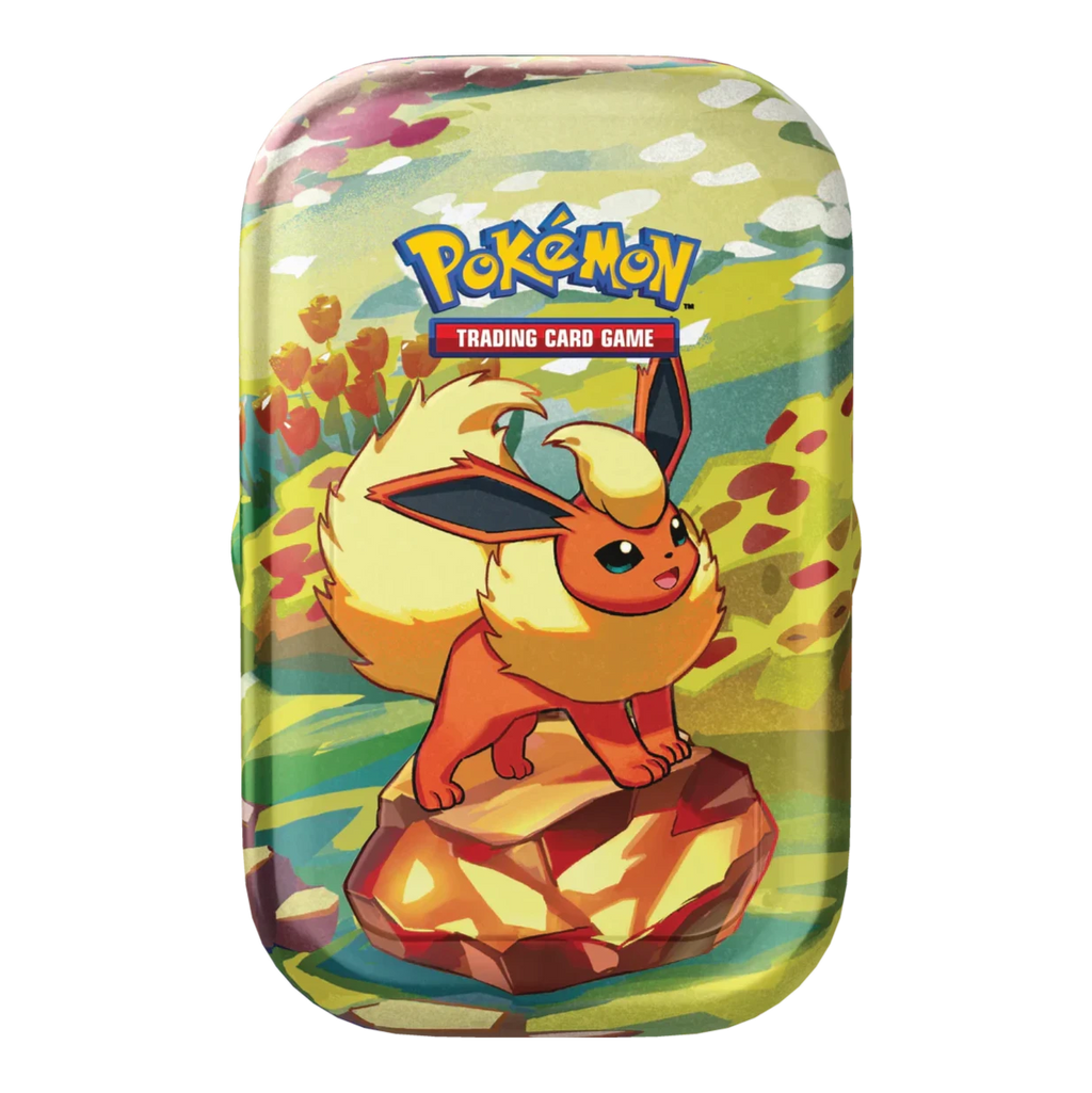 Pokémon Prismatic Evolutions Mini Tin met Flareon ontwerp