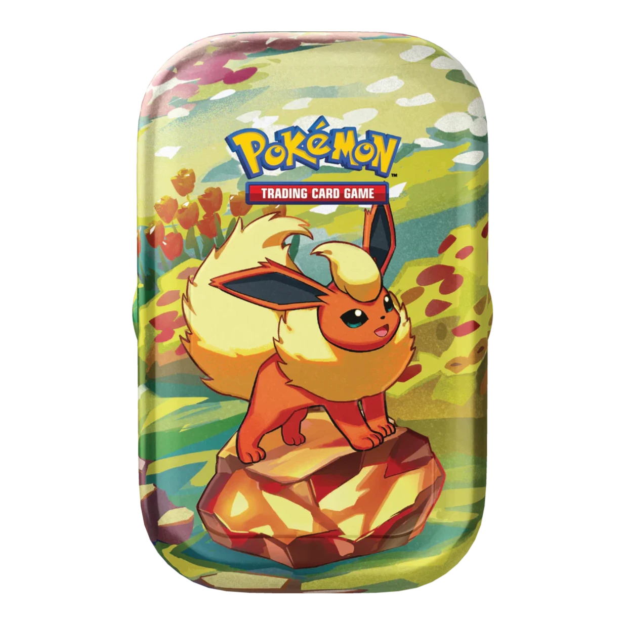 Pokémon Prismatic Evolutions Mini Tin met Flareon ontwerp