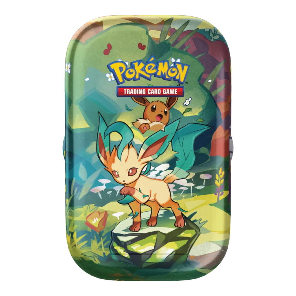 Pokémon Prismatic Evolutions Mini Tin met Leafeon ontwerp
