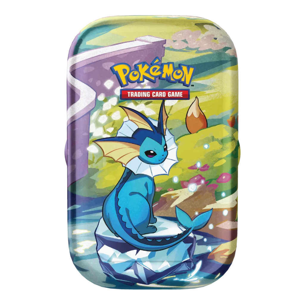 Pokémon Prismatic Evolutions Mini Tin met Vaporeon ontwerp