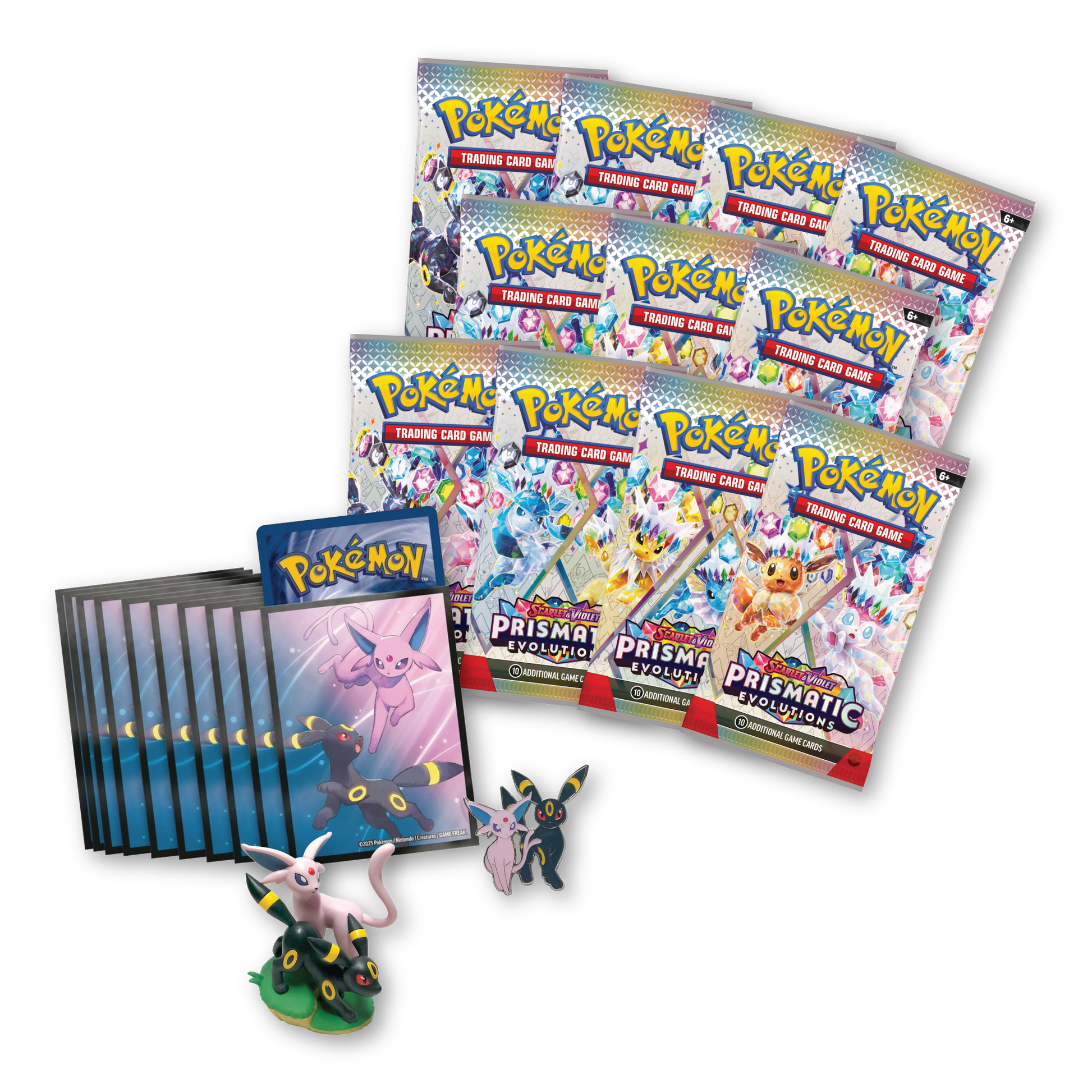 Prismatic Evolutions Booster Packs met Espeon en Umbreon Sleeves, Pin en Figure